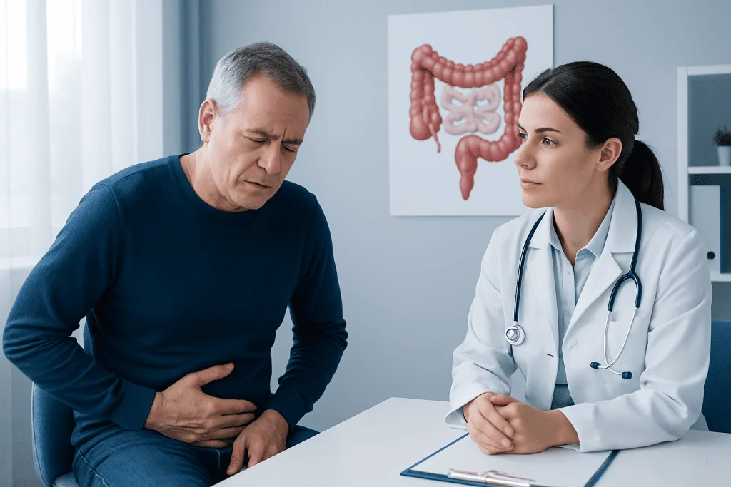 Doctor consulting with a patient about abdominal pain and colon health.