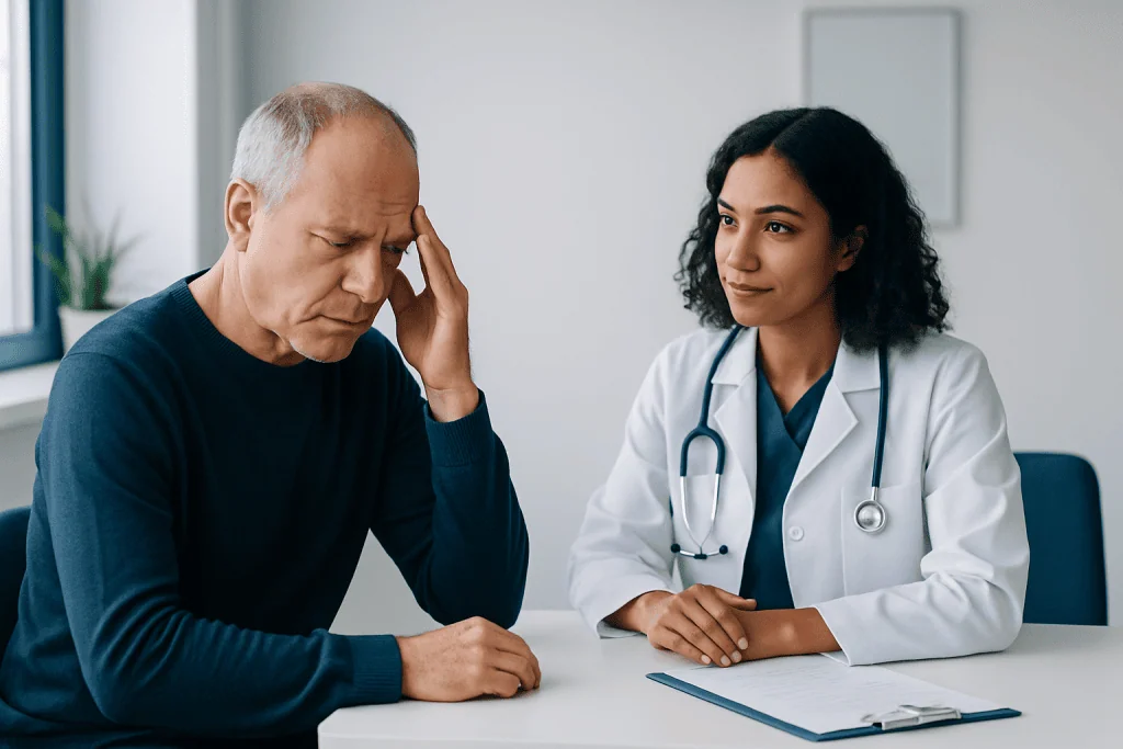 Older man experiencing headache consults with a female doctor in a medical office.