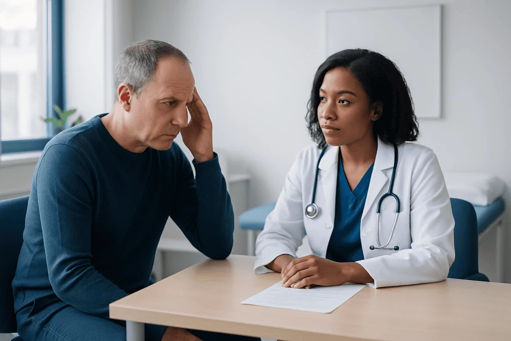 Doctor consulting with a middle-aged man in a medical office.