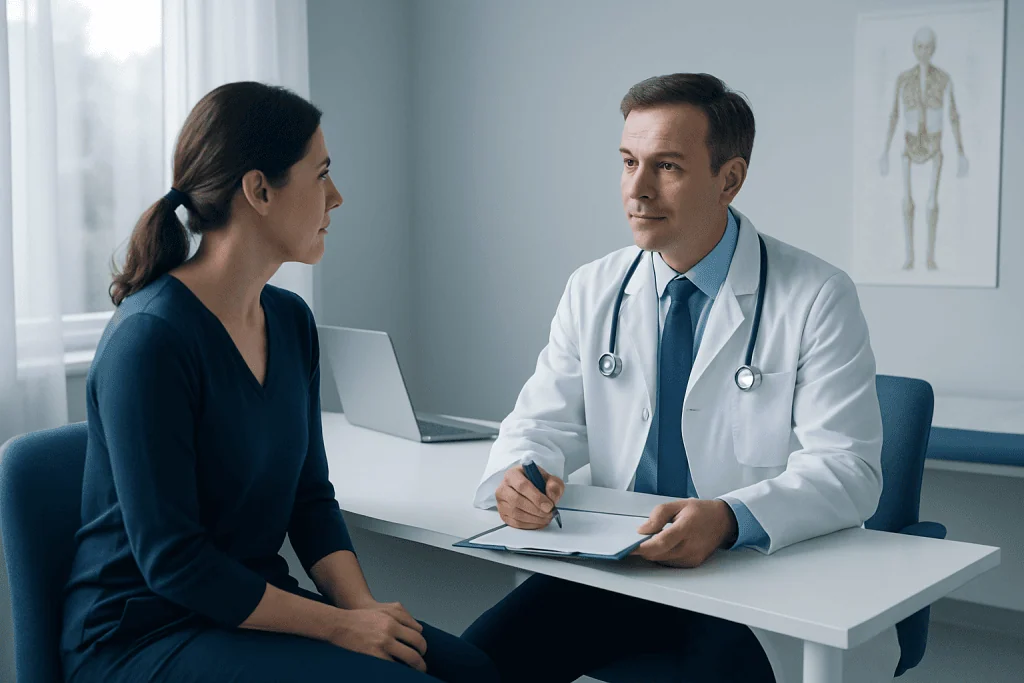 Doctor consulting with a female patient in a modern clinic setting.