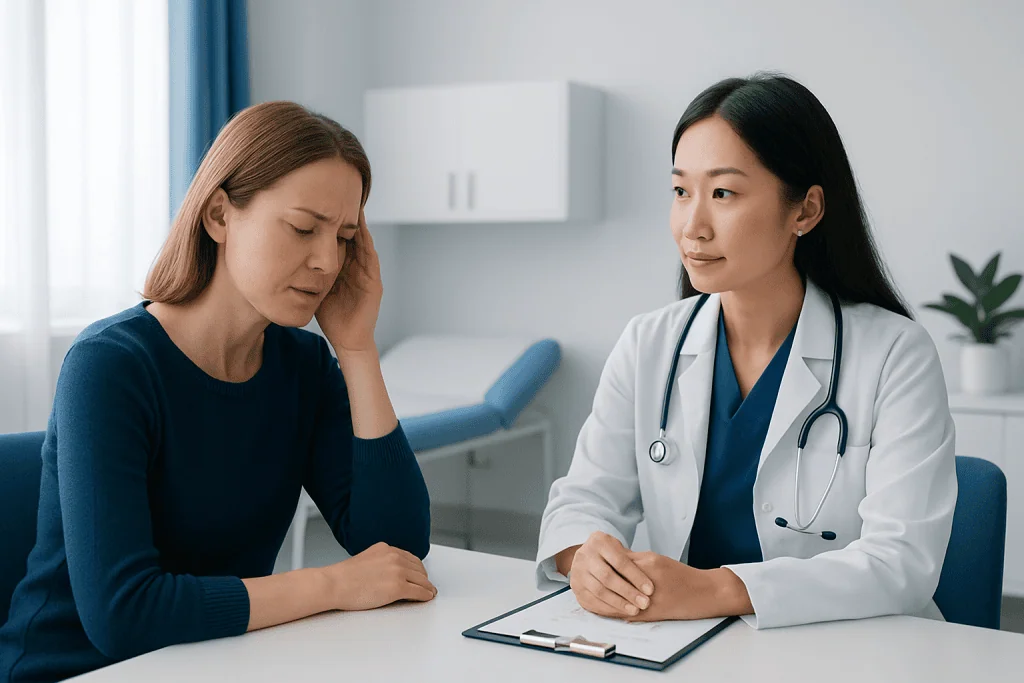 Doctor consulting with a woman patient about headache symptoms in a clinic.