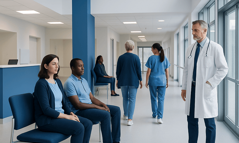 Modern hospital corridor with medical staff and patients at Acibadem Hospitals Group.