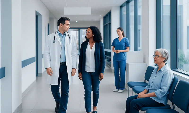 Medical professionals consulting with patient in hospital corridor.