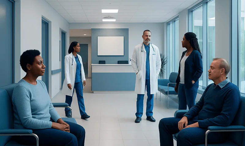 Medical consultation in a modern hospital waiting area with healthcare professionals and patients.