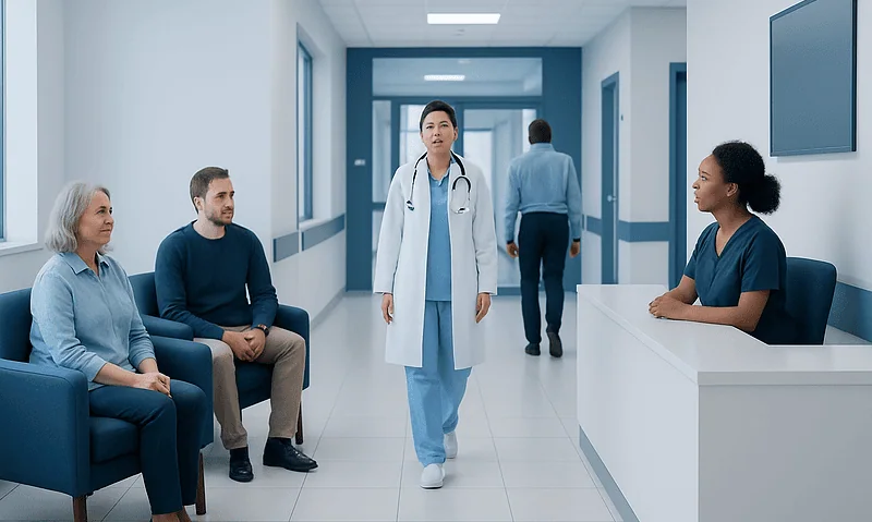 Healthcare professionals and patients in a hospital corridor at Acibadem Hospitals Group.