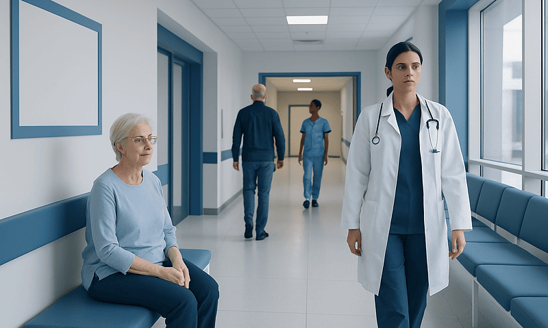 Healthcare professionals and patient in a modern hospital corridor at Acibadem Hospitals Group.