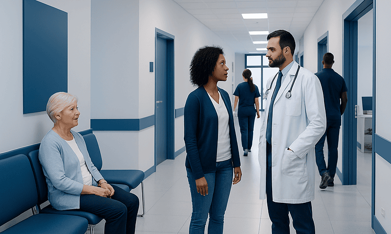 Healthcare professionals consulting with a patient in a hospital corridor.