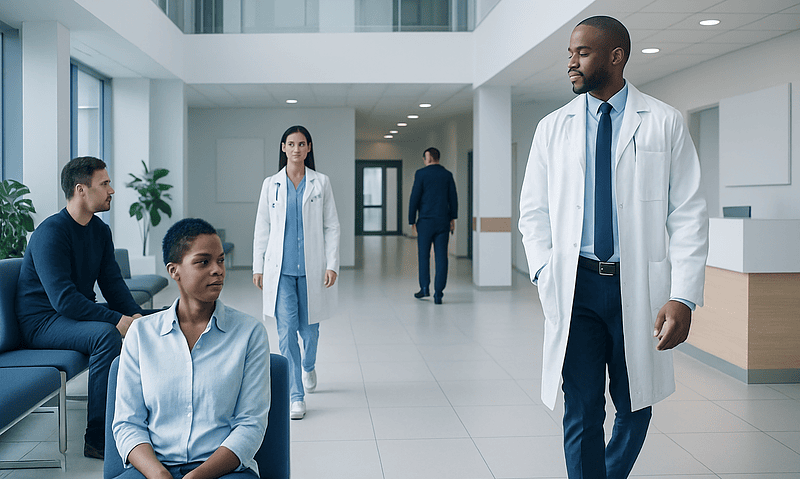 A patient and medical staff in a modern hospital corridor.