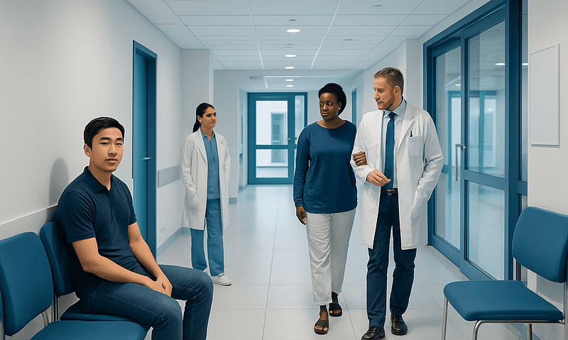Medical team consulting in hospital corridor with patients and staff.