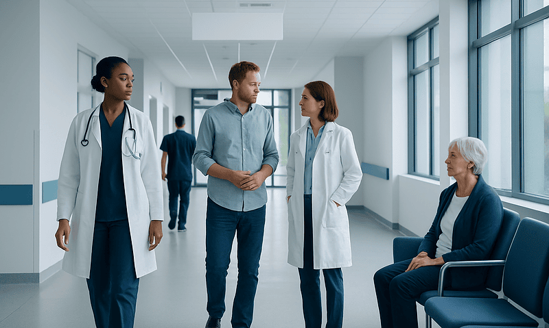Medical team discussing patient care in a modern hospital corridor.