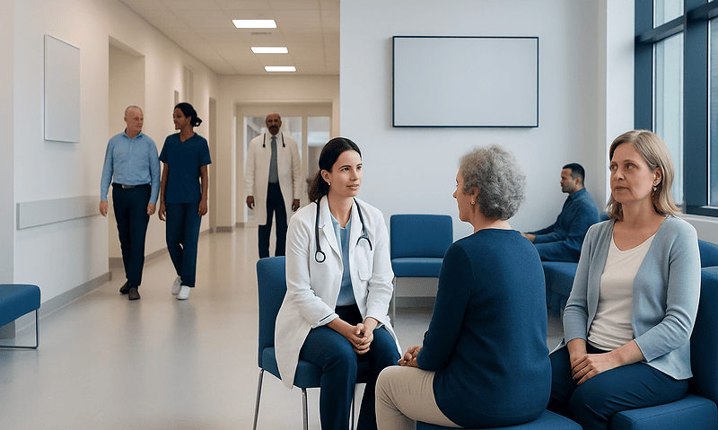 Healthcare professionals consulting with a patient in a modern hospital corridor.