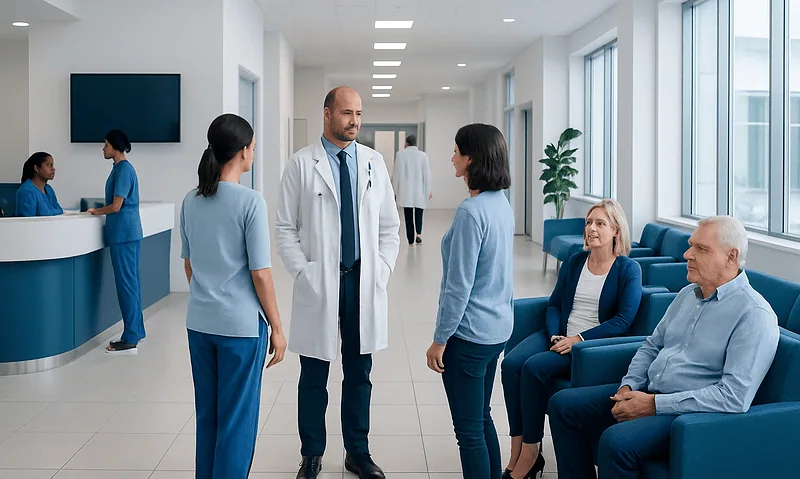 Medical consultation in a modern hospital lobby with healthcare professionals and patients.
