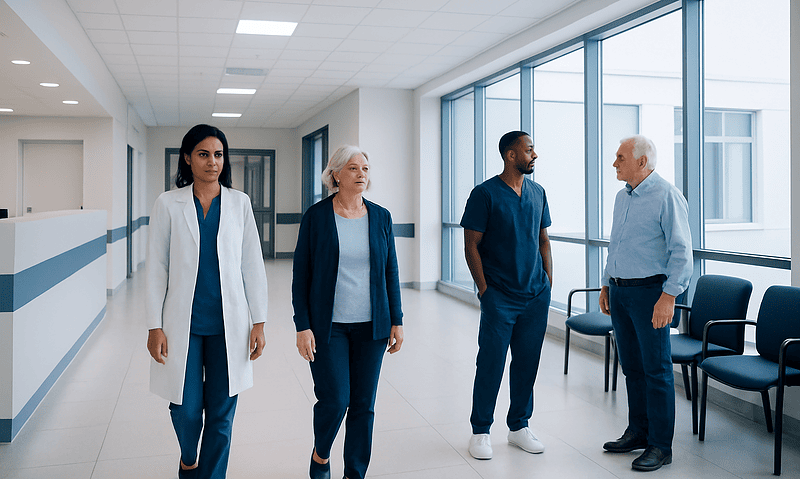 Healthcare professionals walking in a modern hospital corridor at Acibadem Hospitals Group.