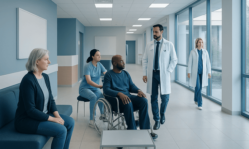 Medical team consulting patient in hospital corridor at Acibadem Hospitals Group.