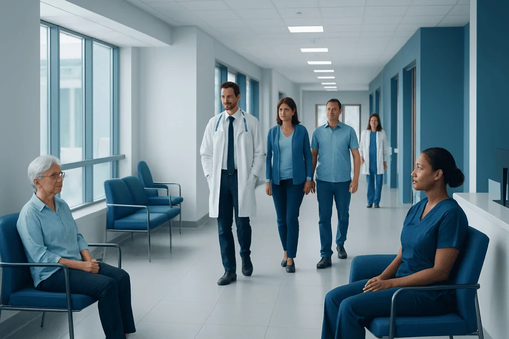 Immune Thrombocytopenia: Platelet Destruction and Treatment Decisions 1 Healthcare professionals and patients in a modern hospital corridor at Acibadem Hospitals Group.