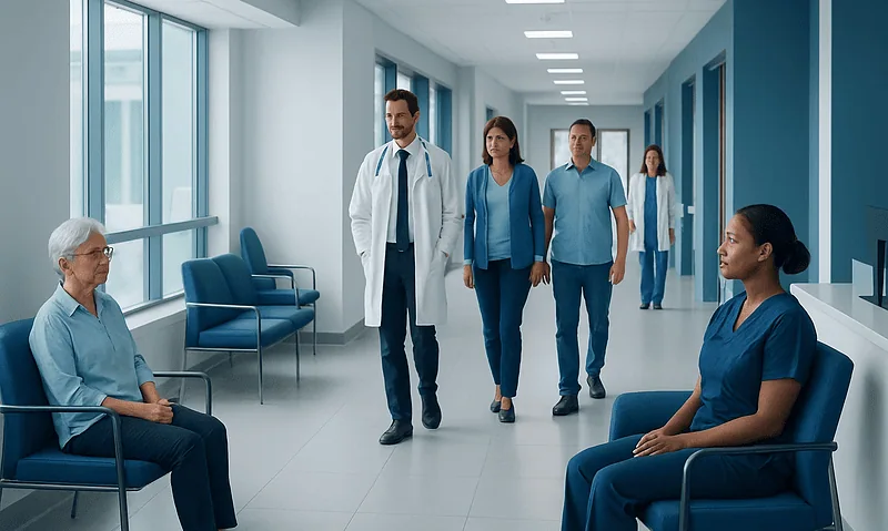 Healthcare professionals and patients in a modern hospital corridor at Acibadem Hospitals Group.