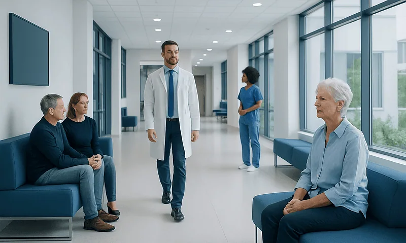 Healthcare professionals consulting with elderly patients in a modern hospital corridor.