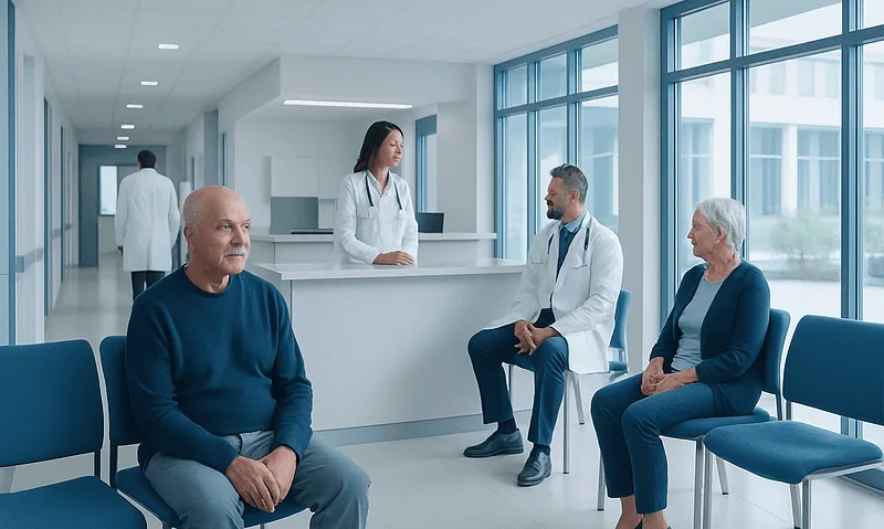 Modern hospital waiting area with patients and medical staff at Acibadem Hospitals Group.