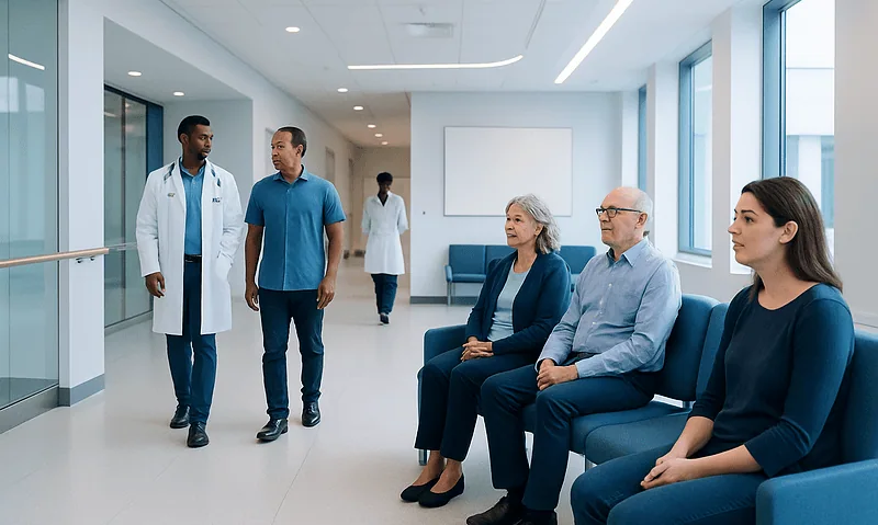 Modern hospital waiting area with patients and medical staff at Acibadem Hospitals Group.