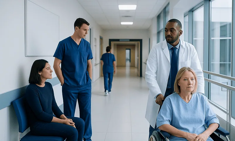 Medical consultation in hospital corridor with healthcare professionals and patient.
