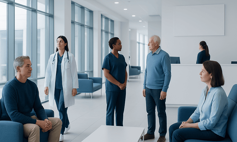Modern hospital waiting area with healthcare professionals and patients.