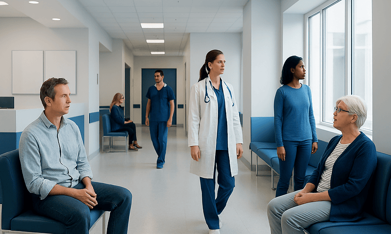 Modern hospital waiting area with healthcare professionals and patients at Acibadem Hospitals Group.
