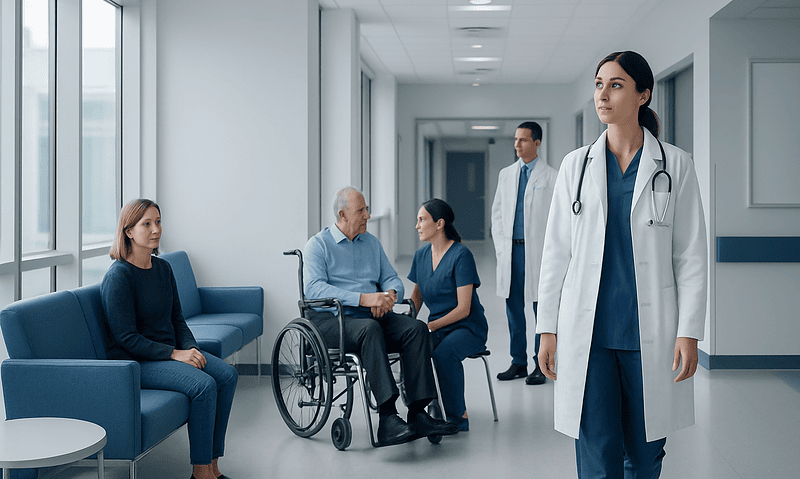 Healthcare professionals and patients in a hospital corridor at Acibadem Hospitals Group.