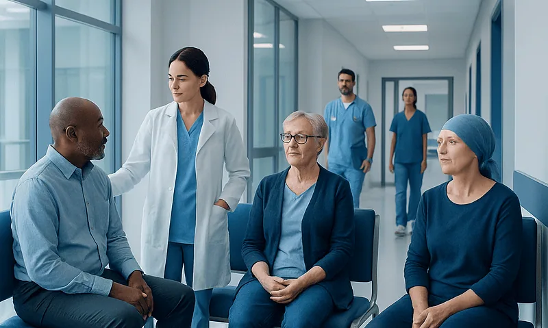 Healthcare professionals consulting with patient in hospital corridor.
