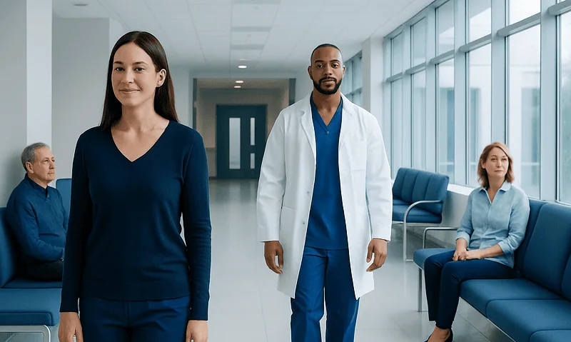 Healthcare professionals in a modern hospital corridor at Acibadem Hospitals Group.