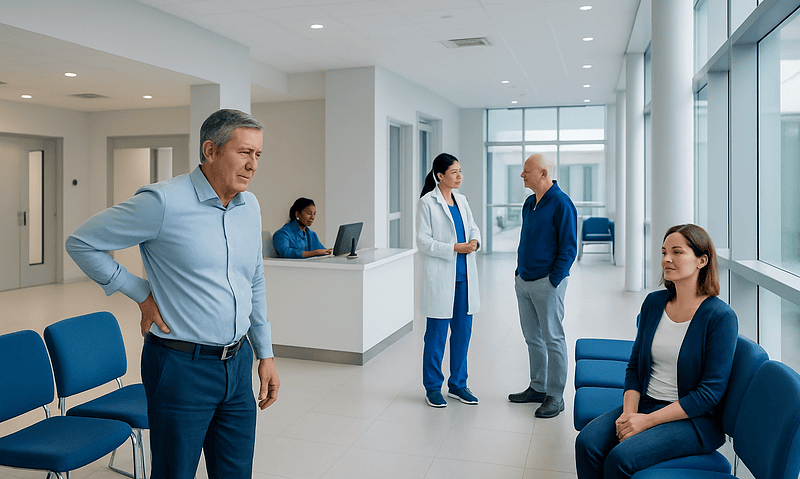 Ankylosing Spondylitis: Inflammatory Back Pain and Treatment Options 13 Doctor consulting with patient in hospital corridor at Acibadem Hospitals Group.