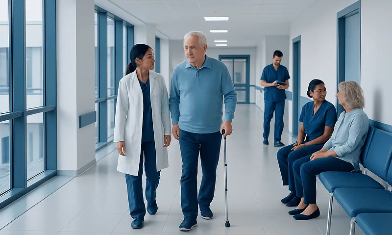 Total Hip Replacement: Candidates, Surgery, and Recovery Expectations 12 Senior man with cane walking in hospital corridor with medical staff and patients.
