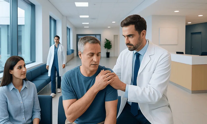 Shoulder Impingement: Painful Overhead Movement and Non-Surgical Care 11 Doctor examines patient's shoulder in a hospital setting.