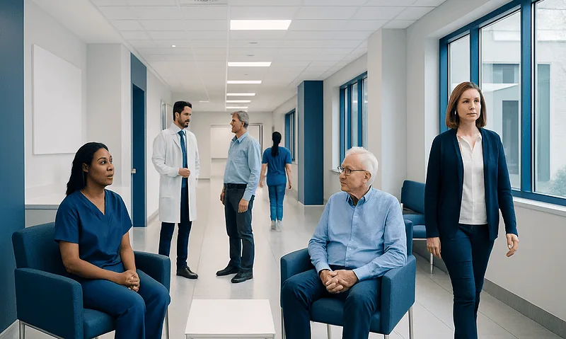 Trigger Finger: Finger Locking, Steroid Injections, and Release Surgery 10 Hospital corridor with doctors and patients in a modern healthcare facility.