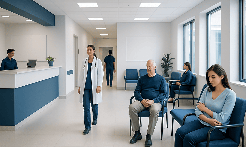 Cubital Tunnel Syndrome: Ulnar Nerve Numbness and Treatment Choices 9 Modern hospital waiting area with patients and medical staff.