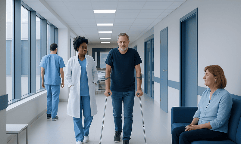 Osteomyelitis: Bone Infection Symptoms, Imaging, and Antibiotic Treatment 8 Patient walking with crutches in hospital corridor with medical staff nearby.