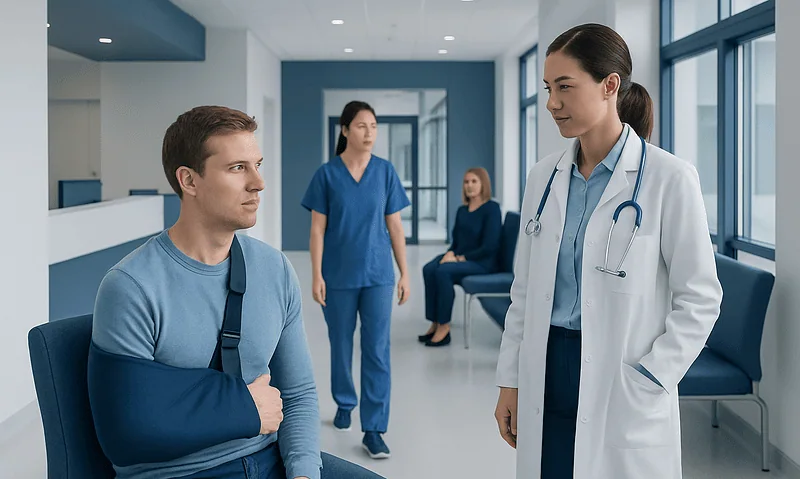Shoulder Dislocation: Emergency Care, Instability Risk, and Rehabilitation 6 Doctor consulting a patient with arm injury in hospital corridor.