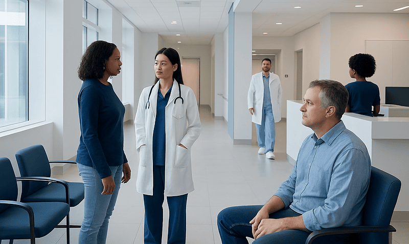 Spondylolisthesis: Vertebra Slippage, Nerve Symptoms, and Treatment Choices 5 Medical consultation in a modern hospital corridor with doctors and patient.
