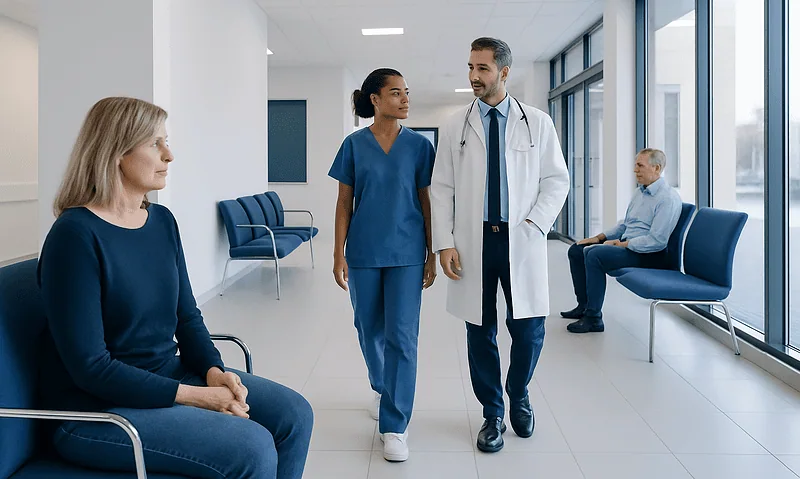 Cervical Radiculopathy: Neck Pain, Arm Numbness, and Treatment Options 4 Medical team consulting patient in hospital corridor.