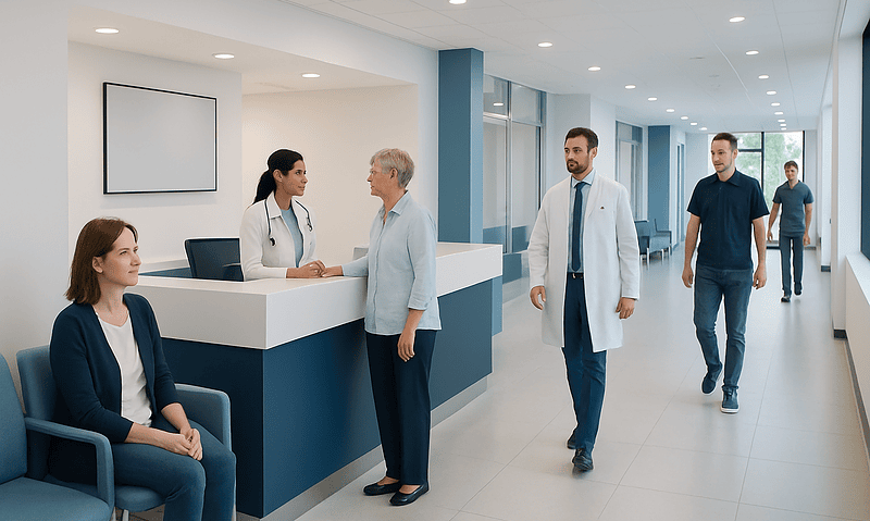 Cervical Myelopathy: Spinal Cord Compression Signs and Surgical Timing 3 Modern hospital corridor with medical staff and patients.