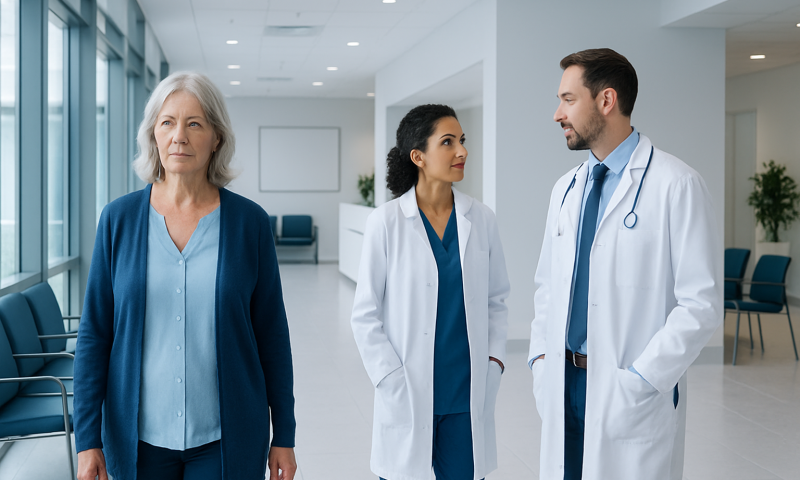 Degenerative Disc Disease: Back or Neck Pain and When Imaging Matters 2 Medical team consulting with an elderly patient in hospital corridor.