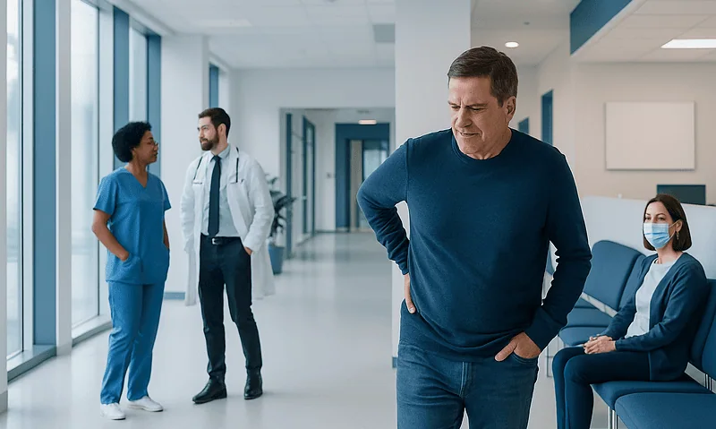 Ankylosing Spondylitis: Inflammatory Back Pain, Diagnosis, and Long-Term Care 1 Patient experiencing back pain in hospital corridor at Acibadem Hospitals Group.