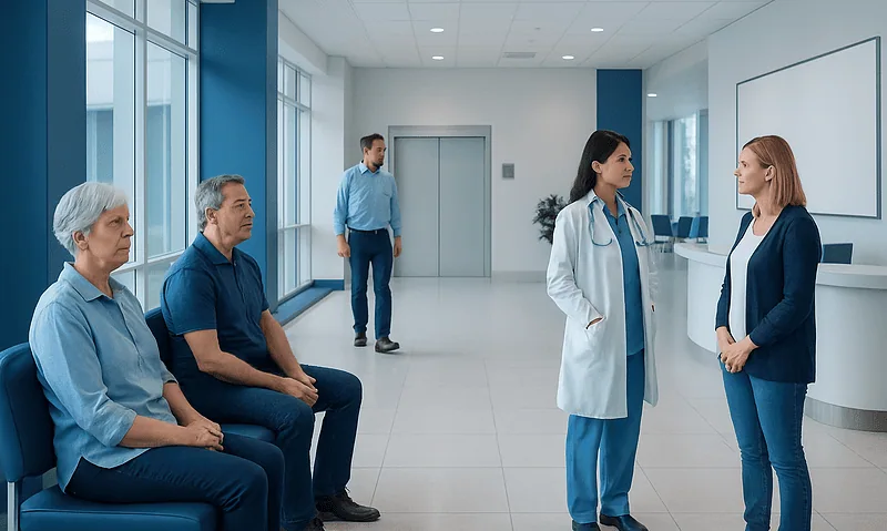Gout Arthritis: Sudden Joint Swelling, Uric Acid, and Flare Prevention 18 Patients waiting in a hospital corridor with medical staff consulting a visitor.