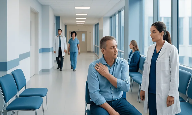Shoulder Impingement: Overhead Pain, Physiotherapy, and Injection Options 17 Doctor consulting with patient in hospital corridor for shoulder pain treatment.
