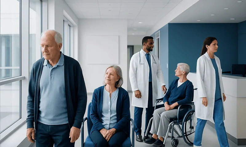 Parkinson’s Disease: Early Symptoms, Progression, and Care 15 Elderly patients and healthcare professionals in a hospital corridor.