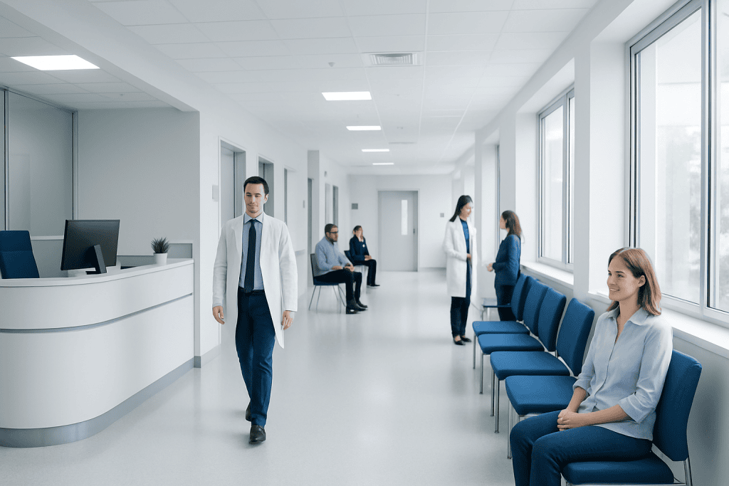 Trigger Finger: Finger Locking, Steroid Injection, and Release Surgery 1 Modern hospital corridor with patients and staff in a clean, bright environment.