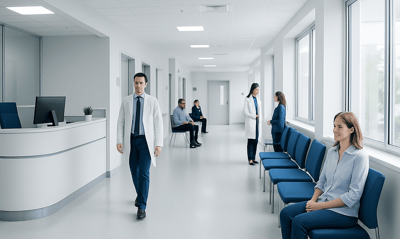 Trigger Finger: Finger Locking, Steroid Injection, and Release Surgery 16 Modern hospital corridor with patients and staff in a clean, bright environment.
