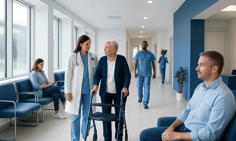 Morton’s Neuroma: Forefoot Burning Pain, Shoe Changes, and Treatment 15 Hospital corridor with medical staff and patients in a modern healthcare facility.