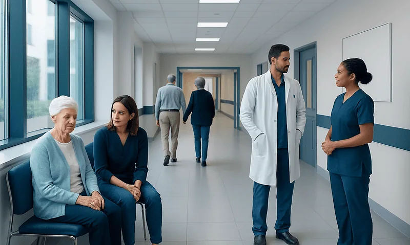 Alzheimer’s Disease: Memory Loss, Diagnosis, and Supportive Care 14 Healthcare professionals consulting with elderly patient in hospital corridor.