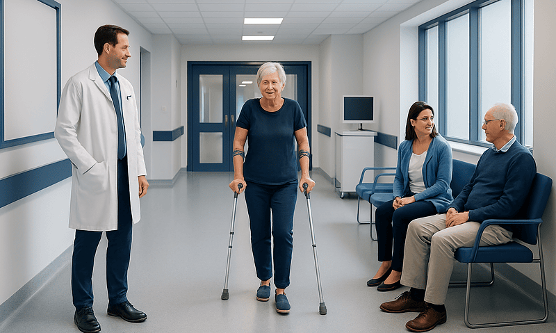 Total Hip Replacement: Candidates, Implant Types, and Recovery Expectations 14 Elderly woman walking with crutches in hospital corridor with doctor and visitors.