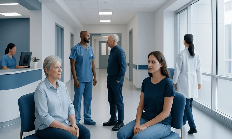 Stroke Symptoms: FAST Warning Signs and Emergency Treatment 13 Hospital corridor with medical staff and patients in a healthcare setting.